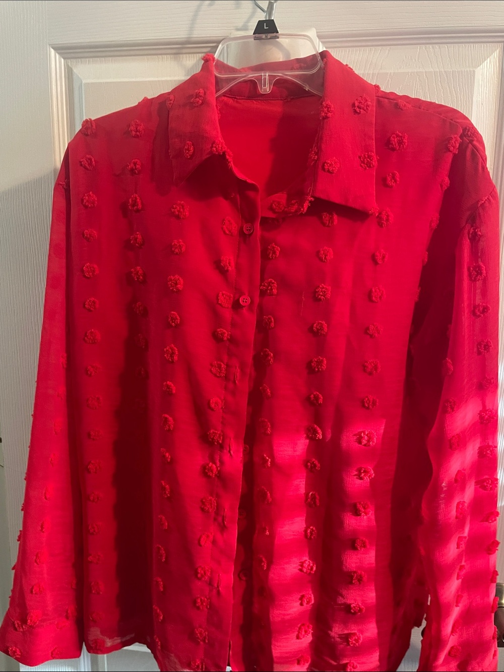 Textured Red Button-Front Blouse with Pom Dot Detail